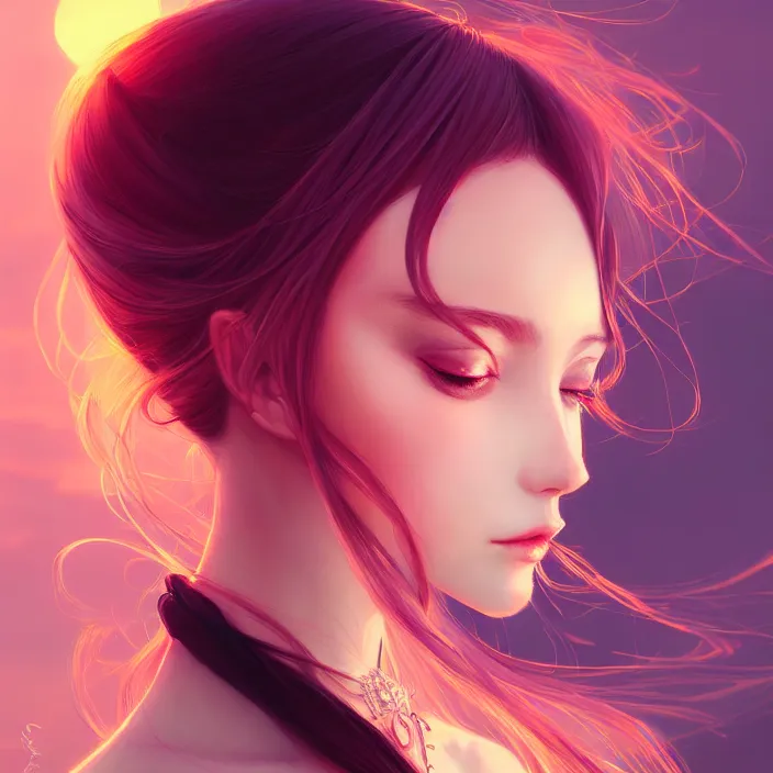 Prompt: Portrait of a beautiful elegant woman colors, sunset, fantasy, anime, vibrant, intricate details, trending on ArtStation, Deviantart, by WLOP