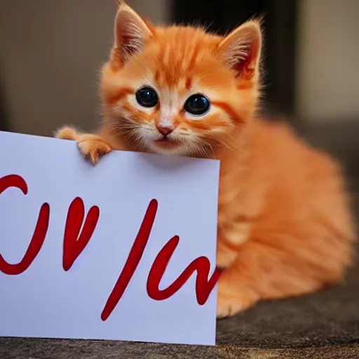 Image similar to cute fluffy orange tabby kitten with a sign that says