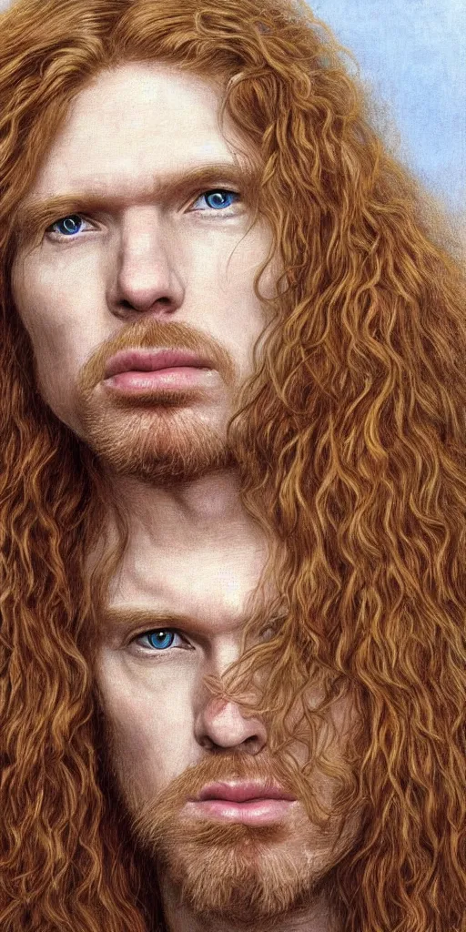 Image similar to Pre-Raphaelite portrait of Dave Mustaine from Megadeth, with very long blond hair and grey eyes