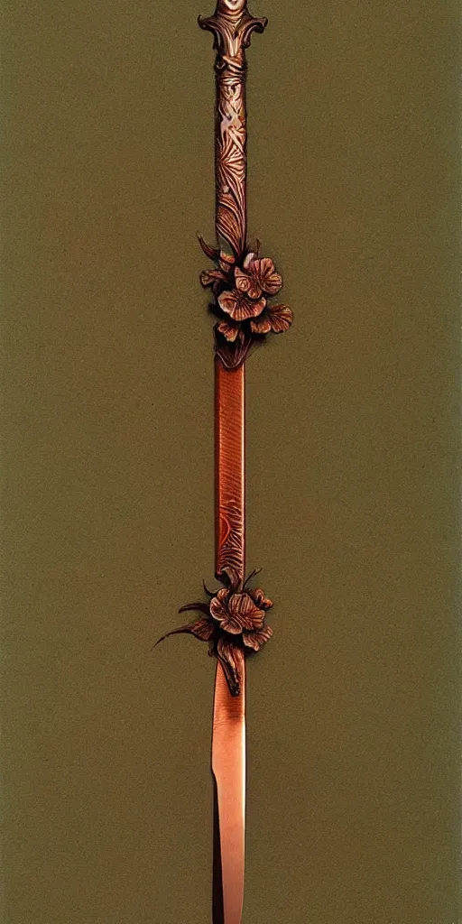 Image similar to a sword made from flower petals in the style of zdzisław beksinski, elegant, thin, polished blade, copper and emerald