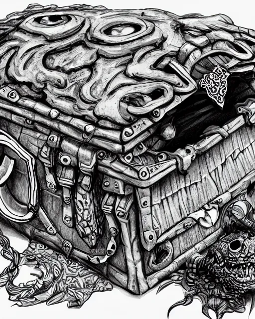 Image similar to a monster treasure chest, black and white, fantasy art, monster art, illustration, fantasy, intricate, hyper detailed, artstation, concept art, smooth, sharp focus, ray tracing