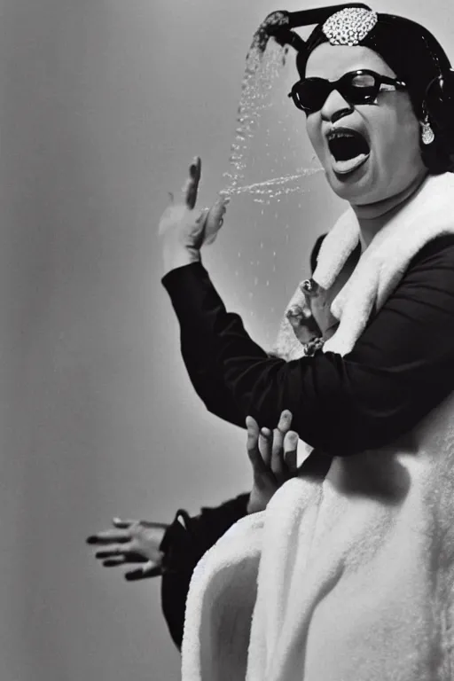 Prompt: Photograph of Umm Kulthum wearing sunglasses whilst singing in the shower by Annie Leibovitz