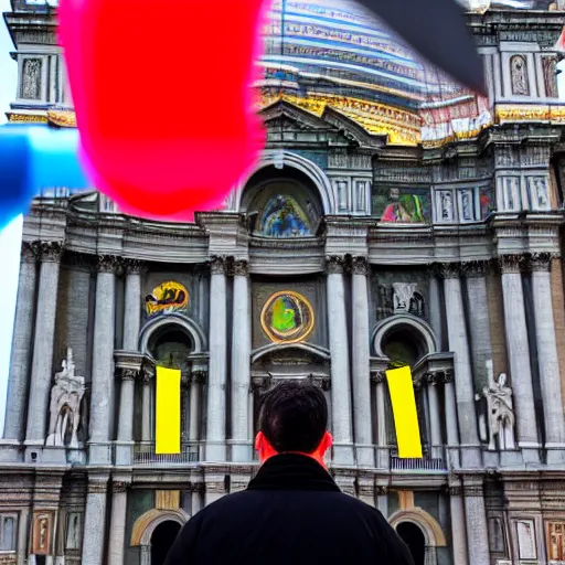 Prompt: artistic photograph of a man showing middle finger with color condom on it from behind by ai weiwei, st peter's basilica slighly out of focus in background