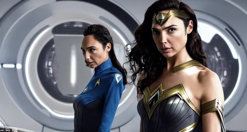 Image similar to Gal Gadot, in full starfleet uniform, is the captain of the starship Enterprise in the new Star Trek movie