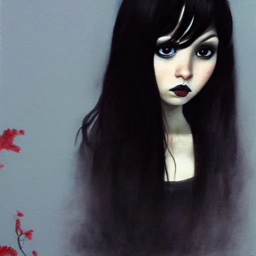 Prompt: a painting of an emo goth mexican girl with long dark hair thick eyebrows dark eyes and dark circles wide nose big eyes oval face shape big cheeks, a photorealistic painting by tran nguyen and ilya kuvshinov, featured on deviantart, gothic art, goth, gothic, detailed painting