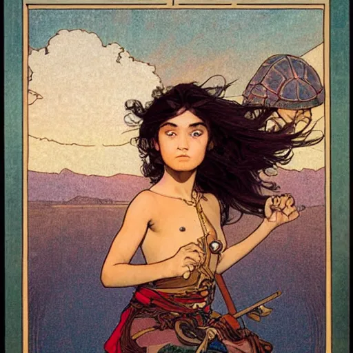 Prompt: a little warrior girl sitting on top of a giant turtle that is walking in the desert, seen from a distance. the girl has dark skin and beautiful green eyes, realistic full body and a very beautiful detailed symmetrical face with long black hair. diffuse light, dramatic sky and landscape, fantasy illustration by mucha