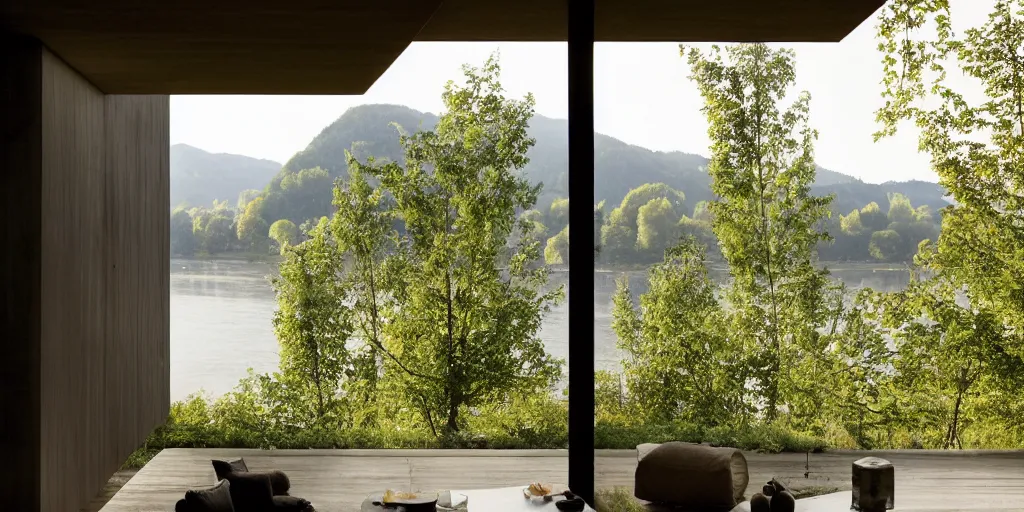 Image similar to a house by the river rhein close to mumpf designed by peter zumthor, beautiful ambient light, golden hour