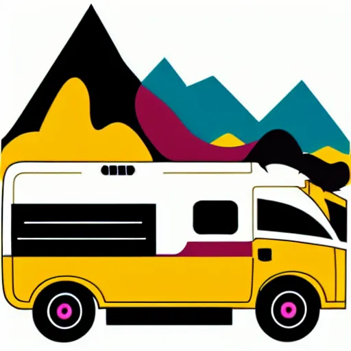 Image similar to minimal vector art sticker of a white and black cute thor chateau! motorhome camper!!, mountains, colorful sunset!!, dramatic, warm happy colors, thick lines, very minimal vector art, sticker!! by tom whalen