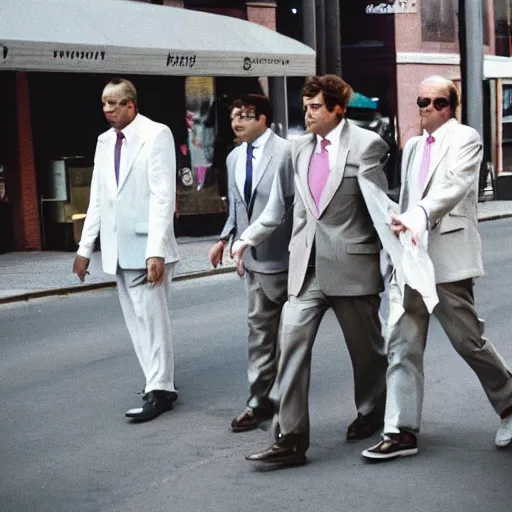 Prompt: krang humans in suits walking the streets, 1990s analog photography