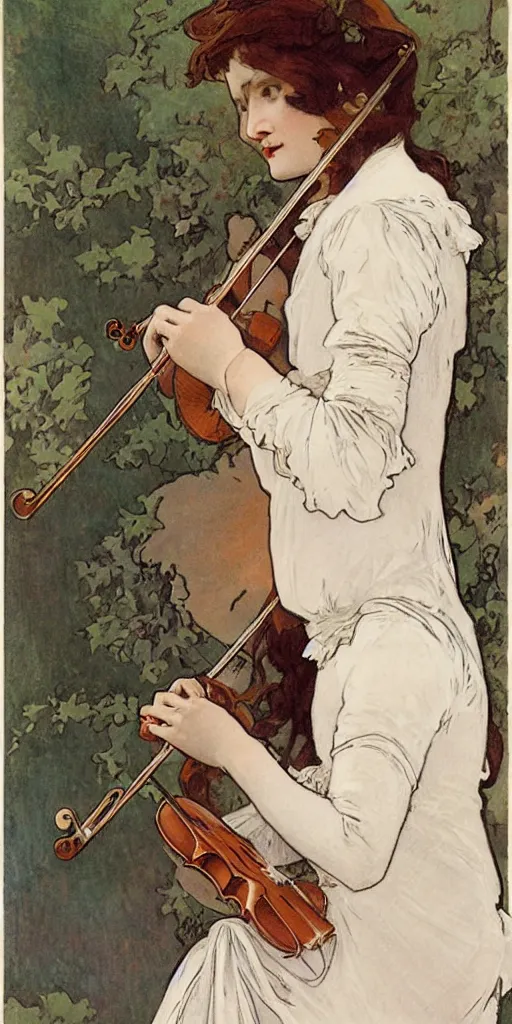 Image similar to A young edwardian woman wearing a white dress, holding a violin in her hands, in the style of mucha