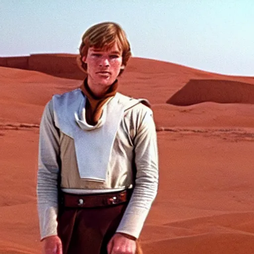 Image similar to young patrick stewart with wavy blond hair as luke skywalker on tatooine