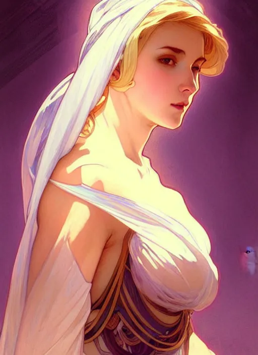 Image similar to digital character concept art by artgerm and greg rutkowski and alphonse mucha. clear portrait of a modern young wife blessed by god to uncontrollably become overwhelmingly perfect!! blonde, clothed full - figured, obviously feminine holy body!! light effect. hyper detailed, glowing lights!! intricate, elegant, digital painting, artstation, smooth, sharp focus