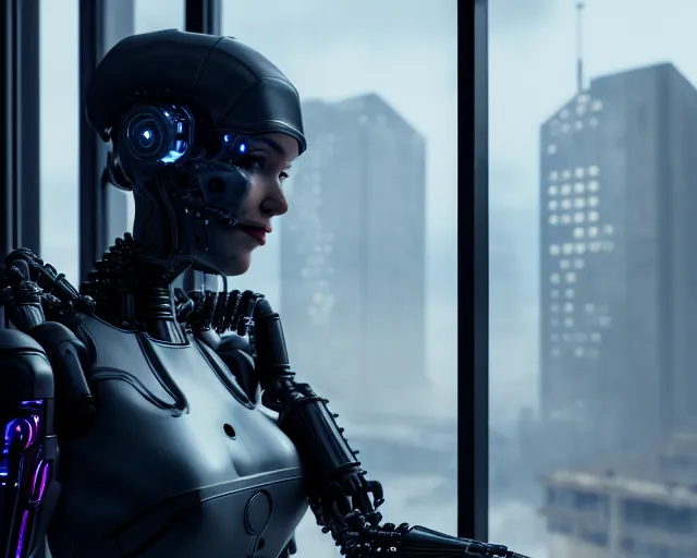 Image similar to portrait of an armored female with biomechanical cybernetic body who is drinking coffee near a window looking outside with dystopian city visible outside. very detailed 8 k. cyberpunk fantasy style. unreal engine render. global illumination. nanite. rtx. path tracing.