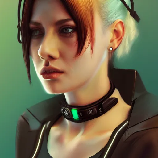 Image similar to realistic female character cyberpunk wearing technological collar around neck, realistic, art, beautiful, 4K, collar, choker, collar around neck, punk, artstation, detailed, female, woman, choker, dark, collar, choker,