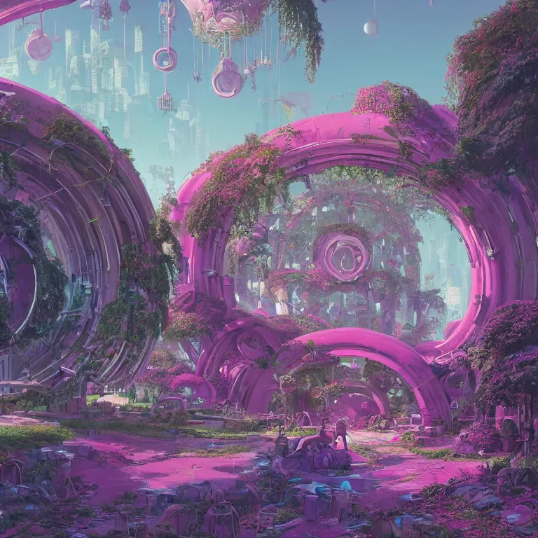 Prompt: a circle portal structure built out of plants and mushrooms ,trees, curves, arches, bright cyberpunk glow, epic surrealism, magenta, deep purple, hot pink, pale blue, Detailed digital matte painting in the style of simon stalenhag, Greg Rutkowski and Greg Hildebrandt artstation