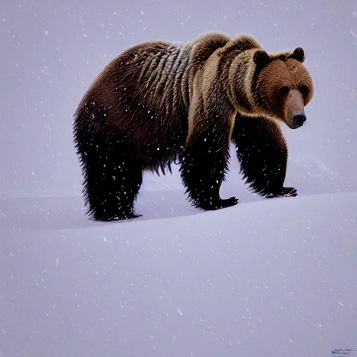 Image similar to grizzly bear in a snow storm, impressionism, artstation