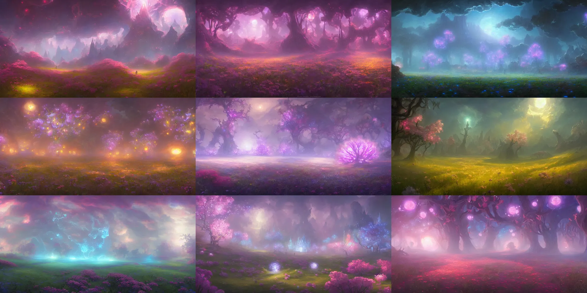 Prompt: a painting of a magical otherworldly endless field of glowing ethereal blossoms by tyler edlin, concept art by senior environment artist, anime aesthetic, fantasy art, official art, concept art, behance contest winner