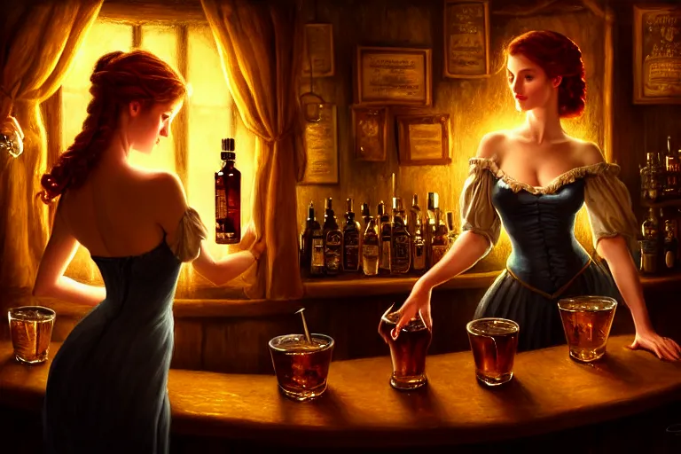 Image similar to a beautiful barmaid, dimly lit cozy tavern, relaxed pose, fantasy, intricate, elegant, dramatic lighting, emotionally evoking symbolic metaphor, highly detailed, lifelike, photorealistic, digital painting, artstation, concept art, smooth, sharp focus, illustration, art by John Collier and Albert Aublet and Krenz Cushart and Artem Demura and Alphonse Mucha, perfect facial symmetry