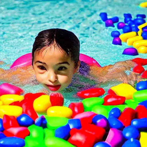 Image similar to a child swimming in a pool full of candy