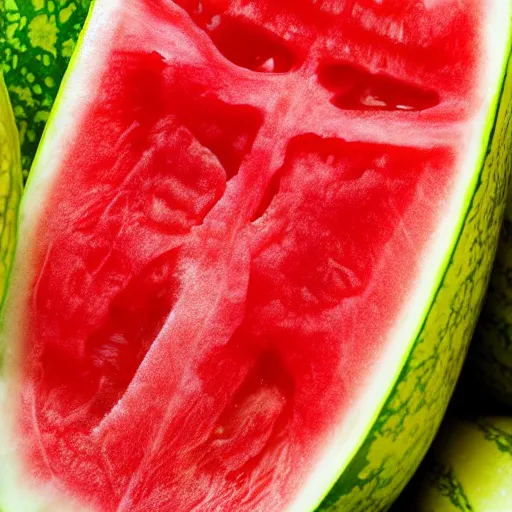 Prompt: a close up of a slice of red water melon with the face of mel gibson