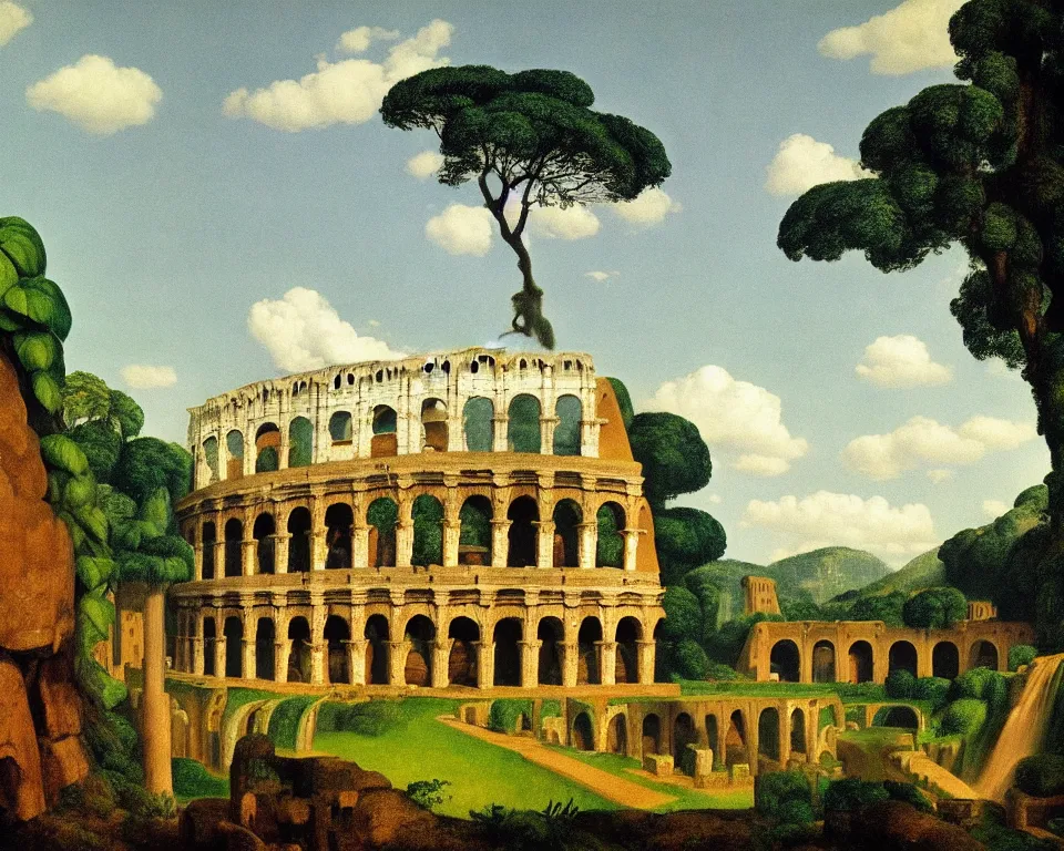 Prompt: an achingly beautiful print of the Colosseum in a jungle clearing with a waterfall in the distance by Raphael, Hopper, and Rene Magritte. detailed, romantic, enchanting, trending on artstation.