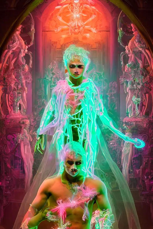 Image similar to photo of full-body rococo and cyberpunk delicate neon crystalline sculpture of ((muscular albino prince Nick Jonas)) as an iridescent humanoid deity wearing a thin see-through ((plastic hooded cloak)) (holding a human skull) in a neon castle dungeon, reclining con (((las piernas abiertas))), glowing pink face, crown of (white lasers), large diamonds, swirling black silk fabric. futuristic elements. oozing glowing liquid, full-length view. space robots. intricate artwork by caravaggio. Trending on artstation, octane render, cinematic lighting from the right, hyper realism, octane render, 8k, depth of field, 3D