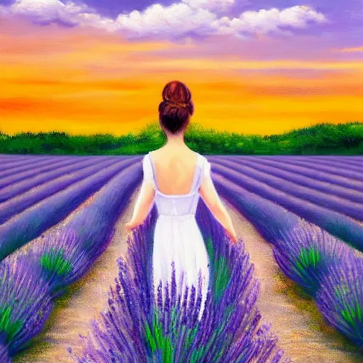 Prompt: Behind woman in white dress crossing a lavender field in sunset, beautiful oil painting