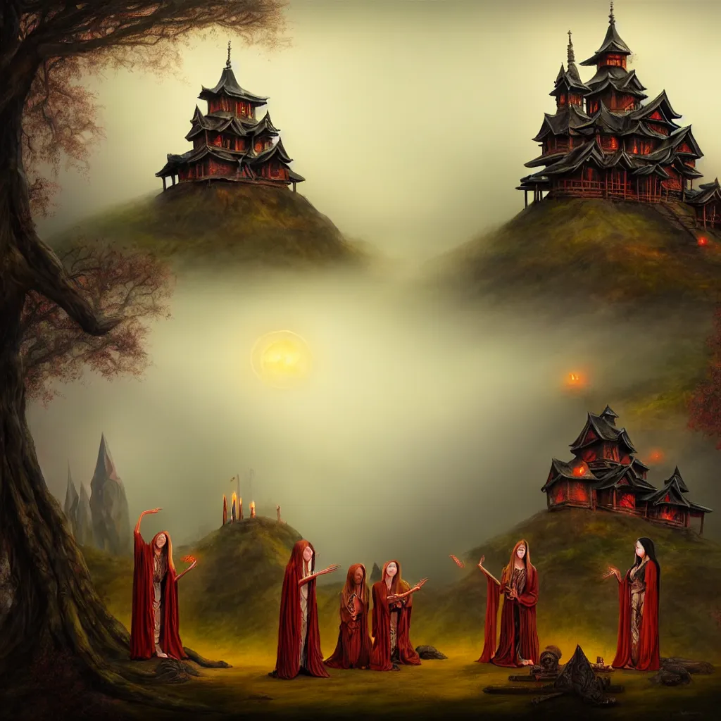 Image similar to evil witches performing a ritual around a wooden shrine, on a hill, a detailed matte painting, fantasy, foggy