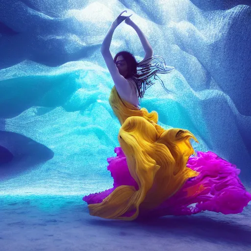 Image similar to woman dancing underwater wearing a flowing dress made of blue, magenta, and yellow seaweed, delicate coral sea bottom, swirling silver fish, swirling smoke shapes, octane render, caustics lighting from above, cinematic, hyperdetailed