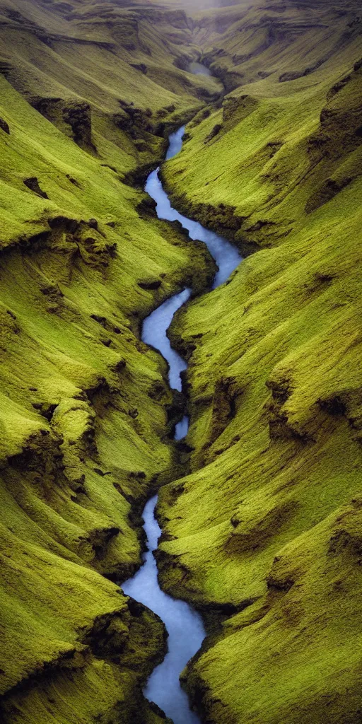 Prompt: dream looking through a hyper realistic photograph of a fertile lush canyon, minimal structure, misty, raining, icelandic valley, small stream, in the style of reuben wu, roger deakins