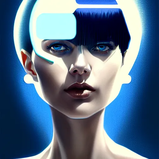 Prompt: woman with dark bobcut haircut with friendly blue eyes and slim features looking askance, eye cyberpunk bionics, retro futurist style, intricate, elegant gleaming jewelry, angelic halo, highly detailed, digital painting, artstation, concept art, smooth, sharp focus, illustration, art by wlop, mars ravelo and greg rutkowski,