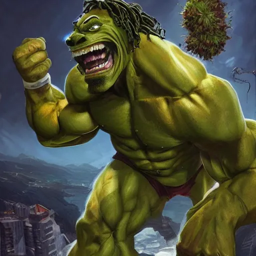 Image similar to snoop dog as hulk fights giant ganja plant, highly detailed, concept art, art by wlop and artgerm and greg rutkowski, masterpiece, trending on artstation, 8 k