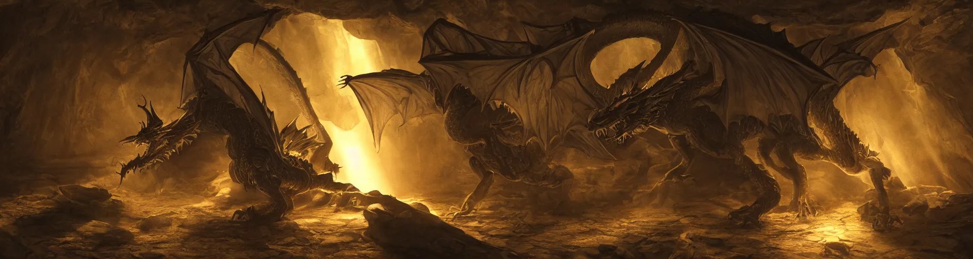 Image similar to A Dragon guards a vast treasure in it's lair, shafts of sunlight appear from missing parts of the interior. Chiaroscuro style painting. 4K.