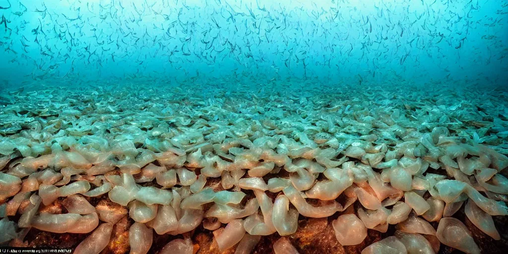 Image similar to fish covered in plastic underwater in the ocean in an eerie feeling and looking dystopian, the sunlight is in rays through the water