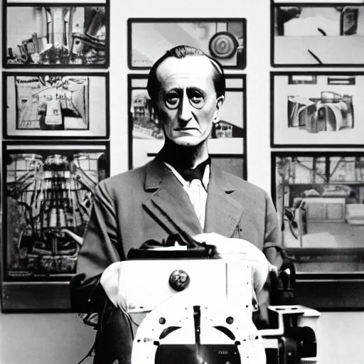 Image similar to Kodachrome portrait of Marcel Duchamp with an technologival machine, archival pigment print in the style of Hito Steyerl, studio shooting, contemporary art