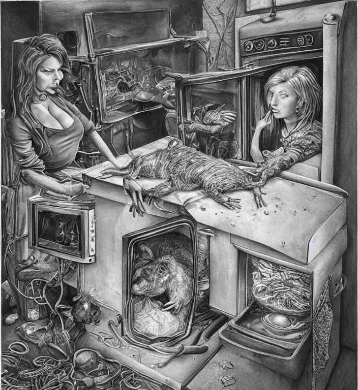 Image similar to woman puts a big rat in the oven 90s by Laurie Lipton, high detailed, realistic,dark surrealism, hyper detailed