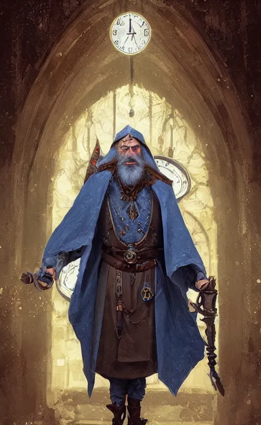 Image similar to portrait of a middle aged elf with a long beard, dressed in a blue cloak with clock iconography, brown hair, raised hand, detailed face, fantasy, highly detailed, cinematic lighting, digital art painting by greg rutkowski