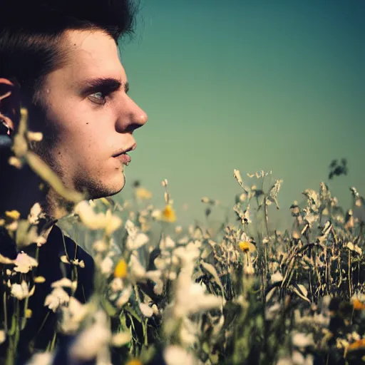 Prompt: kodak portra 4 0 0 photograph of a skinny goth guy standing far back in a field of flowers, wearing bandana on face, moody lighting, telephoto, 9 0 s vibe, blurry background, vaporwave colors, faded!,