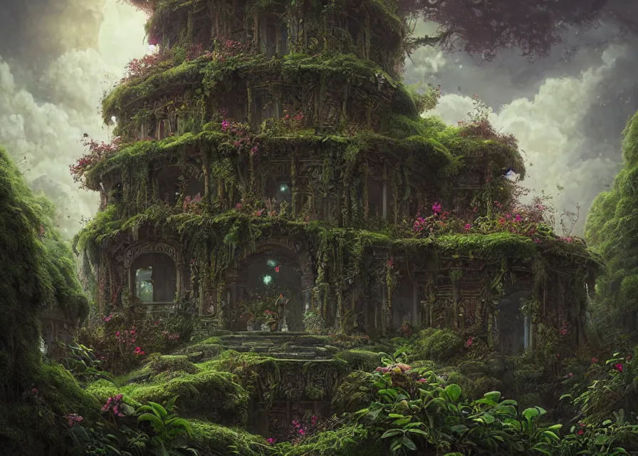 Image similar to Overgrown fantasy temple in the clouds, fantasy art by ferdinand knab, intricately detailed, overgrowth, flowers, radiant warm light, alena aenami