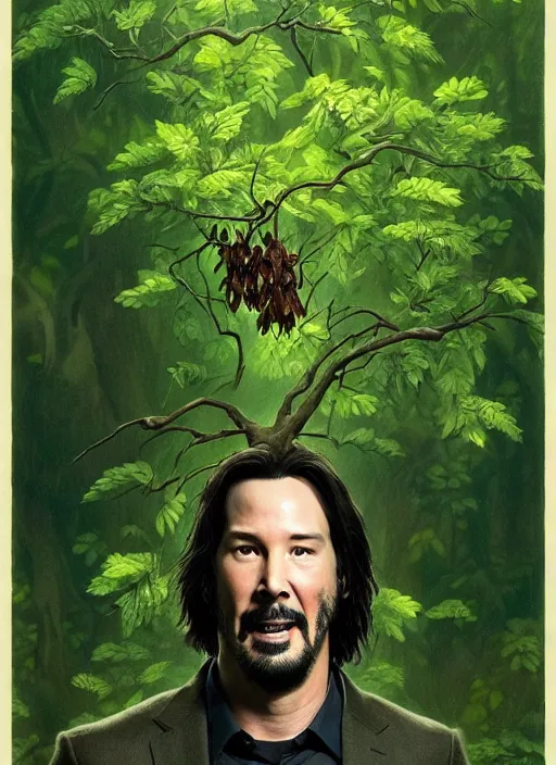 Image similar to highly detailed comedy caper movie poster with silly wacky zany keanu reeves as a sentient pile of leaves, keanu reeves green face as tree sentient leafy bush by greg rutkowski, masterpiece, really funny, 1 0 / 1 0 comedy