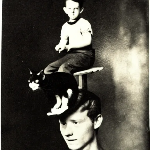Image similar to a photo of a young man with a cat sitting on top of his head