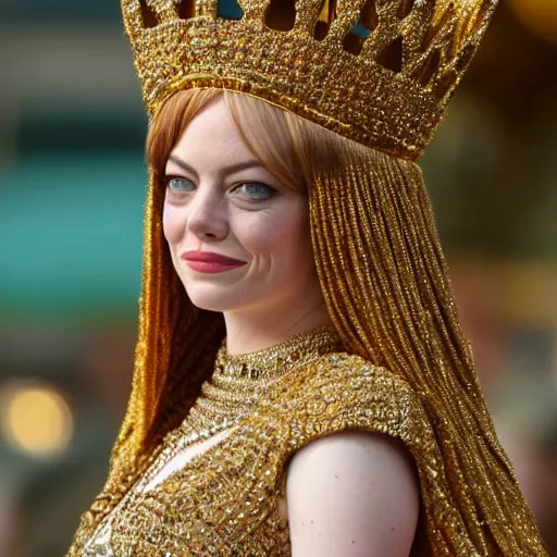 Image similar to A full body shot of Emma Stone wearing a golden Arabian crown , royality, high quality, fully detailed, 4k