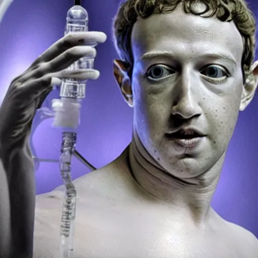 Image similar to mark zuckerberg awakening from his alien cryogenic chamber with slimy feeding tubes attached. science fiction movie.