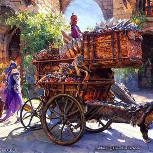 Image similar to a medieval cart bringing with gifts from the cloud tribe, dragon scales and crates of food, fantasy splash art by Michael Garmash, Donato Giancola