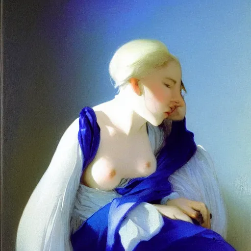 Image similar to young woman's face, her hair is white and she wears a cobalt blue duchesse satin cloak, by ivan aivazovsky and syd mead and moebius and gaston bussiere and roger dean and willem claesz and pieter claesz and paul delaroche and alma tadema and aelbert cuyp, hyperrealistic, volumetric light, octane