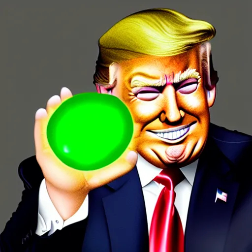 Image similar to trump smiling whilst holding a bunch of green chaos emeralds, highly detailed, realistic, beautiful composition, sharp focus, artstation, sharp focus