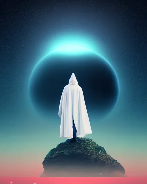 Image similar to a person wearing a white cloak standing in the water. a large planet is overhead. an album cover by stanley twardowicz, trending on cg society, retrofuturism, retrowave, chillwave, synthwave