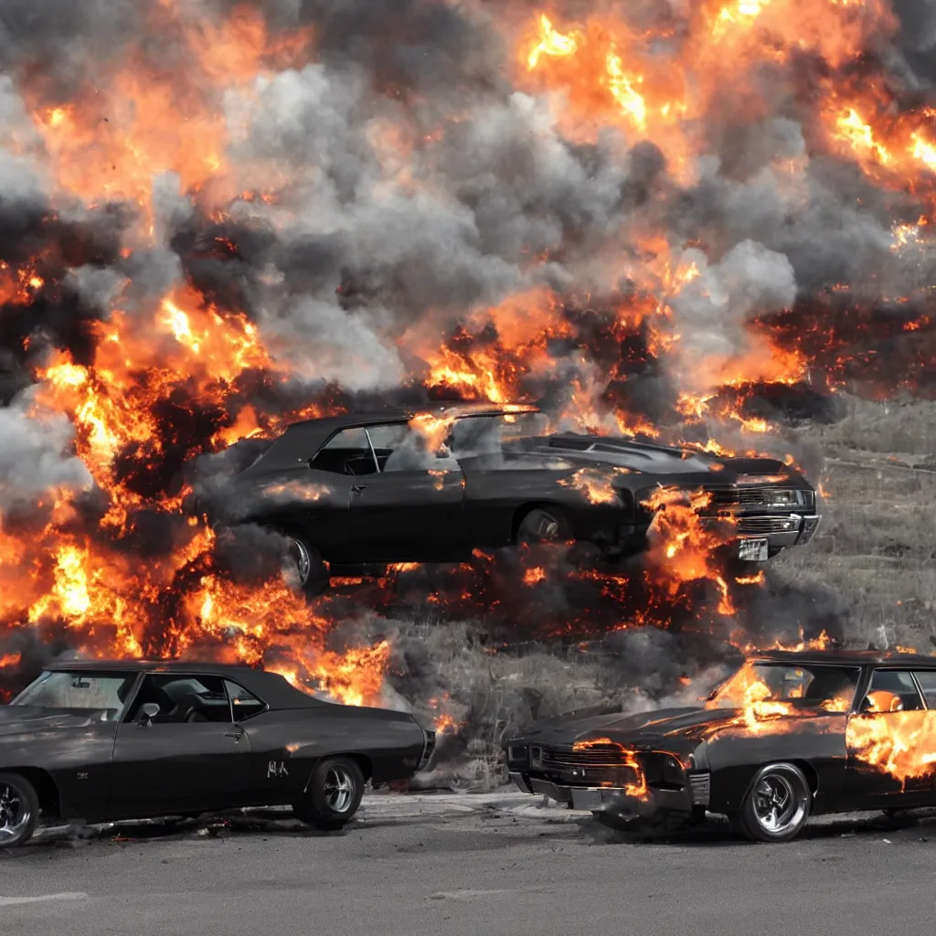 Image similar to a black 1 9 7 0 chevrolet chevelle ss driving i high speed, fire explosion in the background, action scen