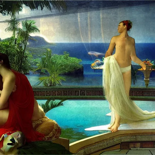 Image similar to Floating palace, refracted sparkles of the moon, thunderstorm, greek pool, beach and Tropical vegetation on the background major arcana sky, by paul delaroche, alphonse mucha and arnold böcklin, hyperrealistic 8k, award-winning, very very very detailed