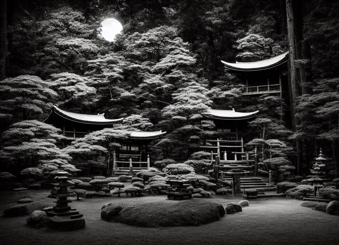 Prompt: realistic forest with an ancient Japanese shrine at night, Monochrome